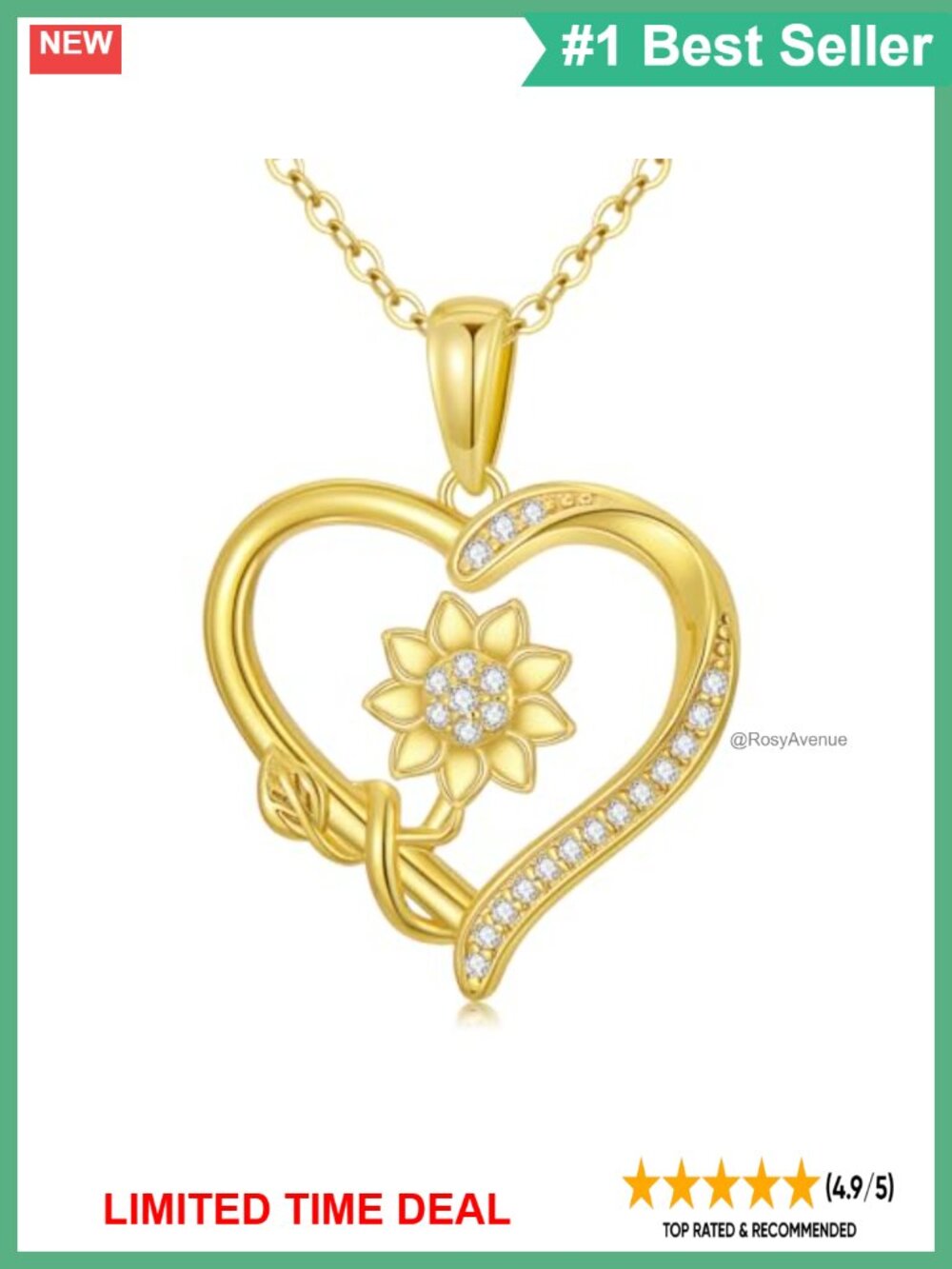 14K Solid Gold Sunflower Heart Pendant Necklace Cubic Zirconia 18in